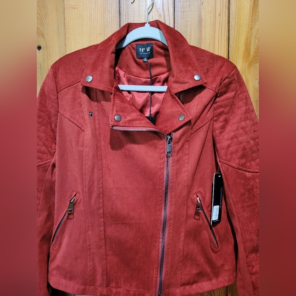 Women's Red Faux Suede Jacket with Quilted Sleeves - Picture 4 of 12